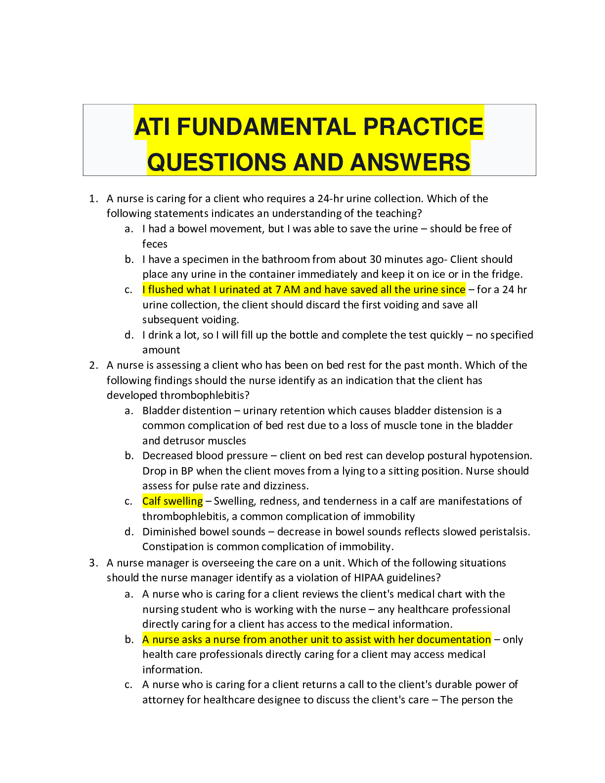 Preview of ATI FUNDAMENTAL PRACTICE QUESTIONS AND ANSWERS